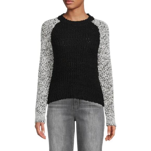 Bobeau Women's Popcorn Knit Crewneck Sweater Long Sleeve Black Ivory Size M - Picture 1 of 6